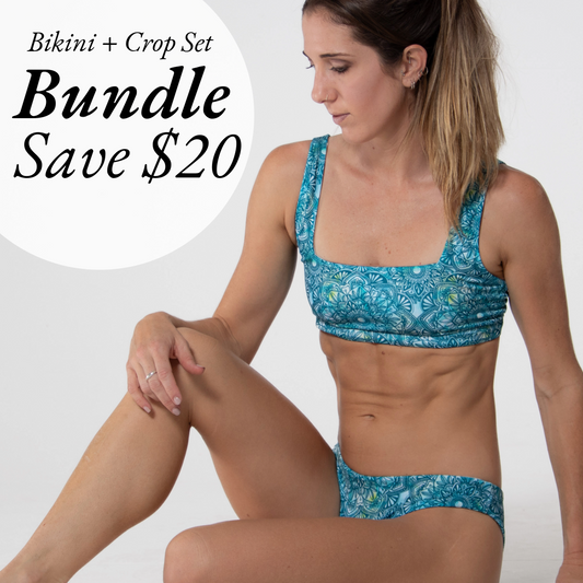 Surf Crop + V-cut Bikini Set - Mandala Turquoise Patterned