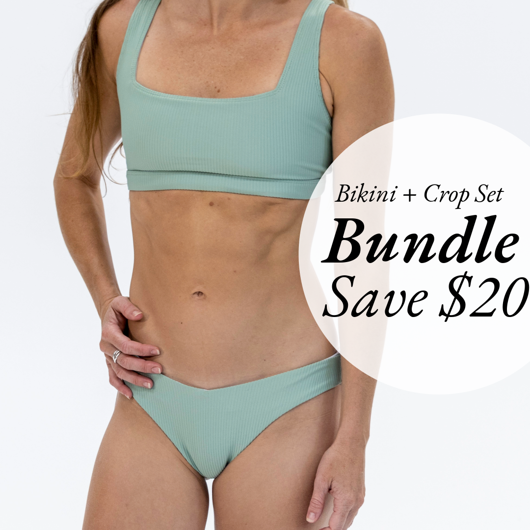 Surf Crop + V-cut Bikini Set - Green Textured