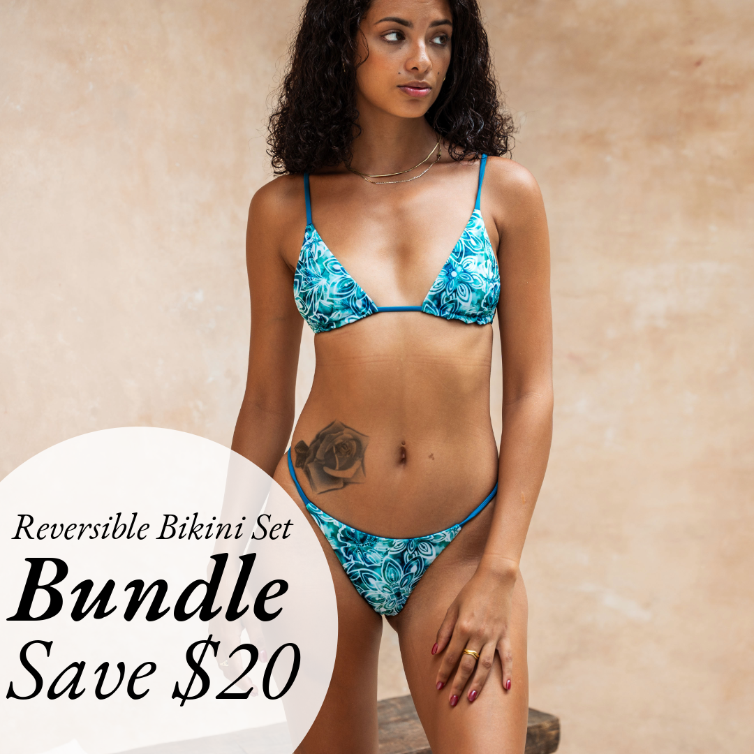 Reversible Bikini String Triangle + Thong Bottom Set - Mandala Teal Green