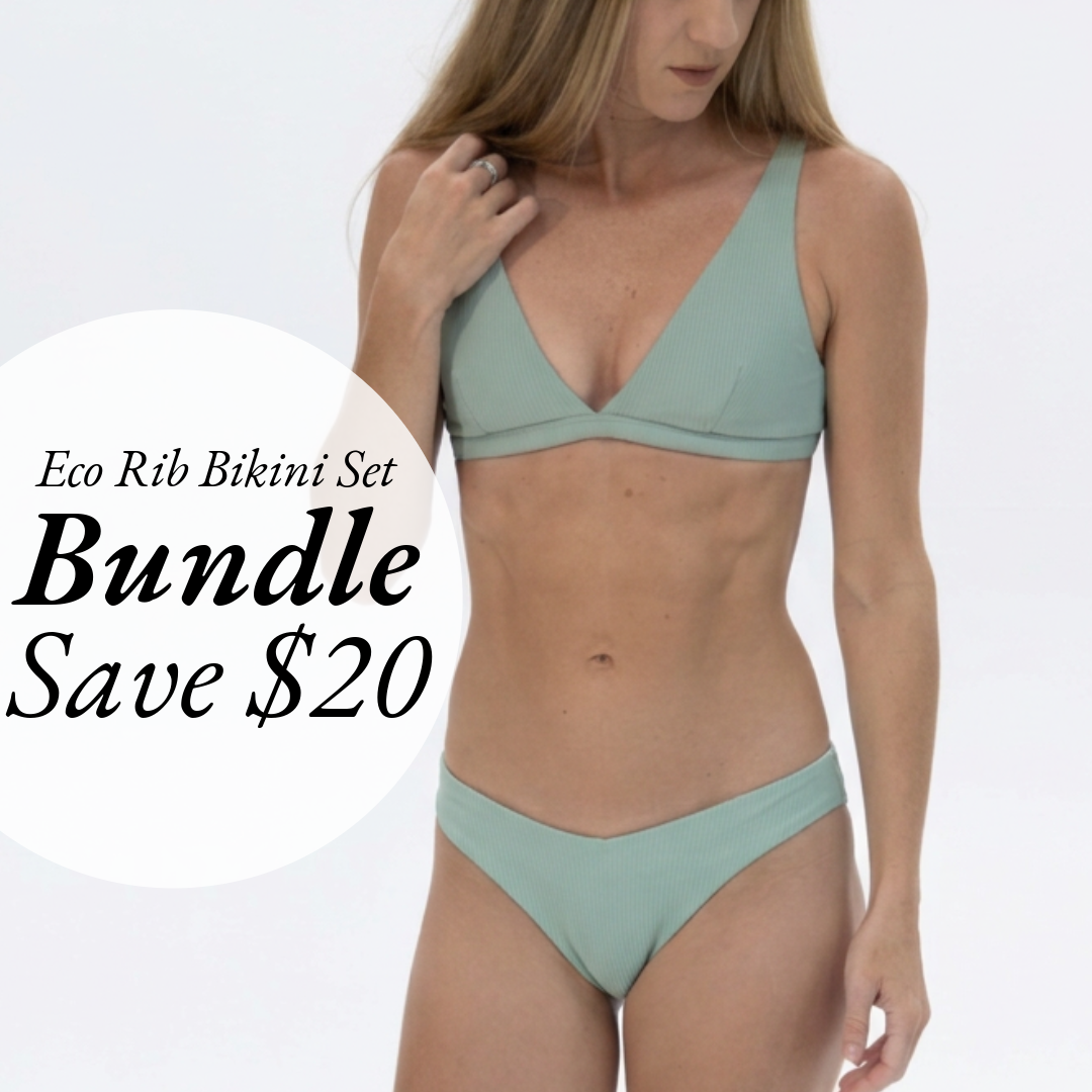 Triangle + V-cut Bikini Set - Green Textured