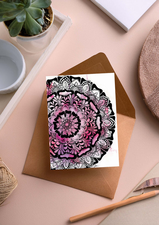Purple Pink Mandala Greeting Card – Half Moon Watercolour with Geometric Drawing