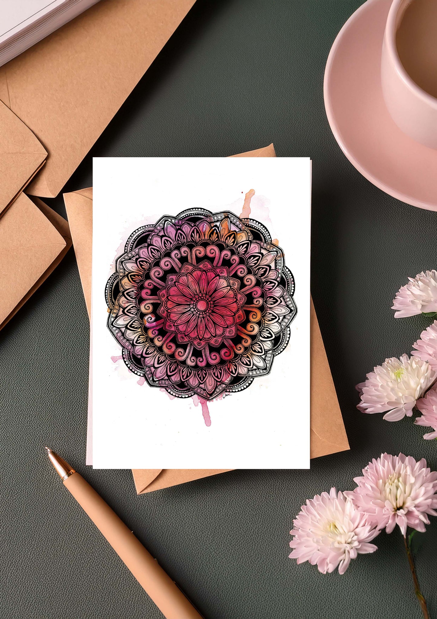 Mandala Greeting Card - Desert red, orange and pink hues Watercolour with Geometric Drawing