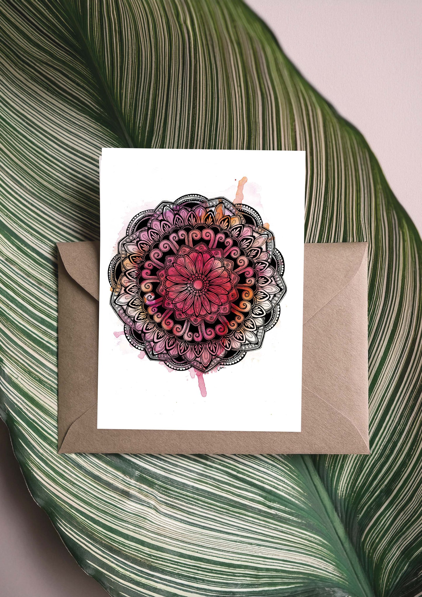 Mandala Greeting Card - Desert red, orange and pink hues Watercolour with Geometric Drawing