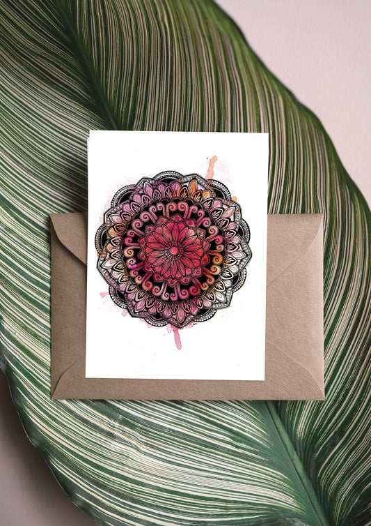 Mandala Greeting Card - Desert red, orange and pink hues Watercolour with Geometric Drawing