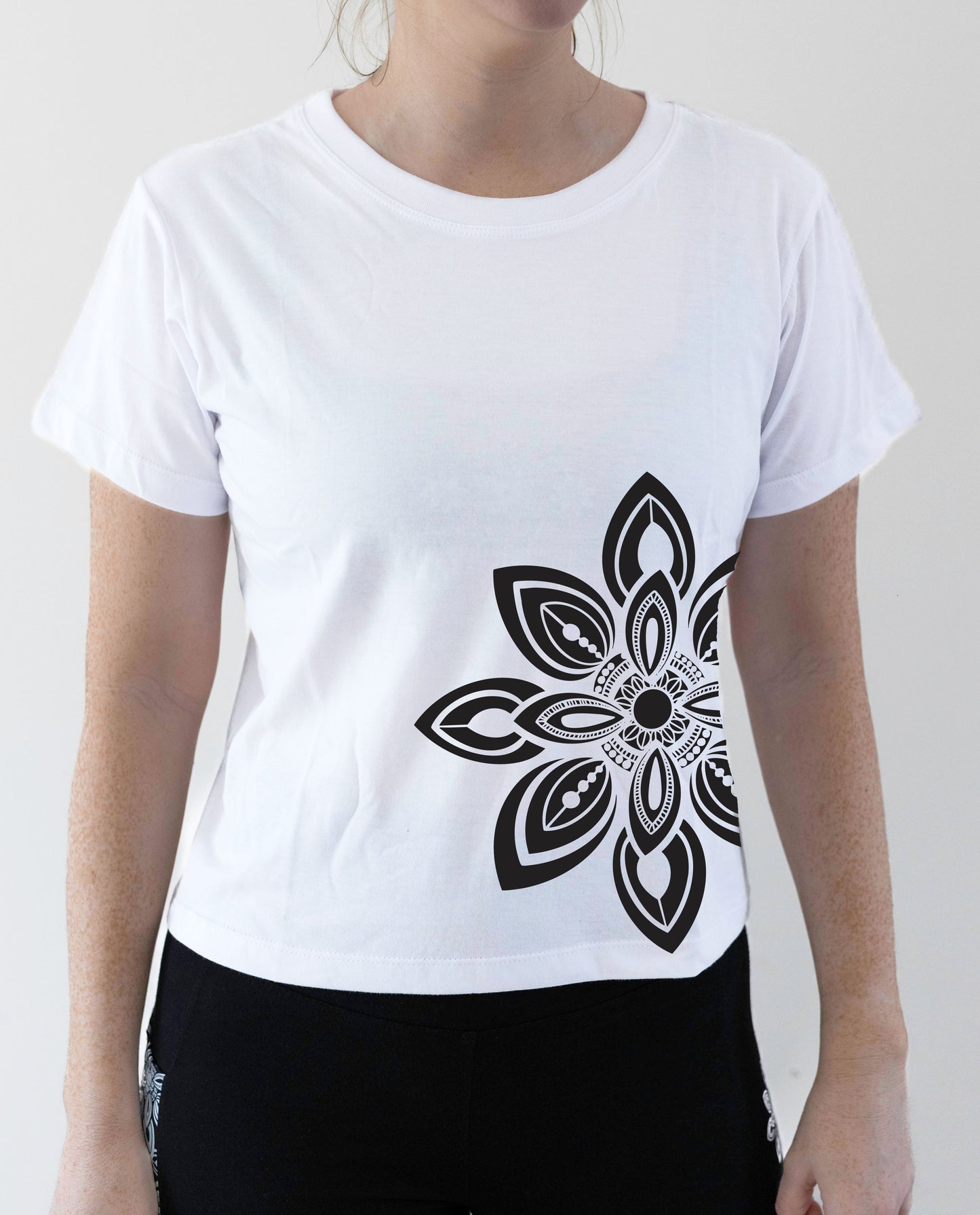 Mandala T-shirts Hand Drawn White Graphic Cropped Tee - 100% Cotton