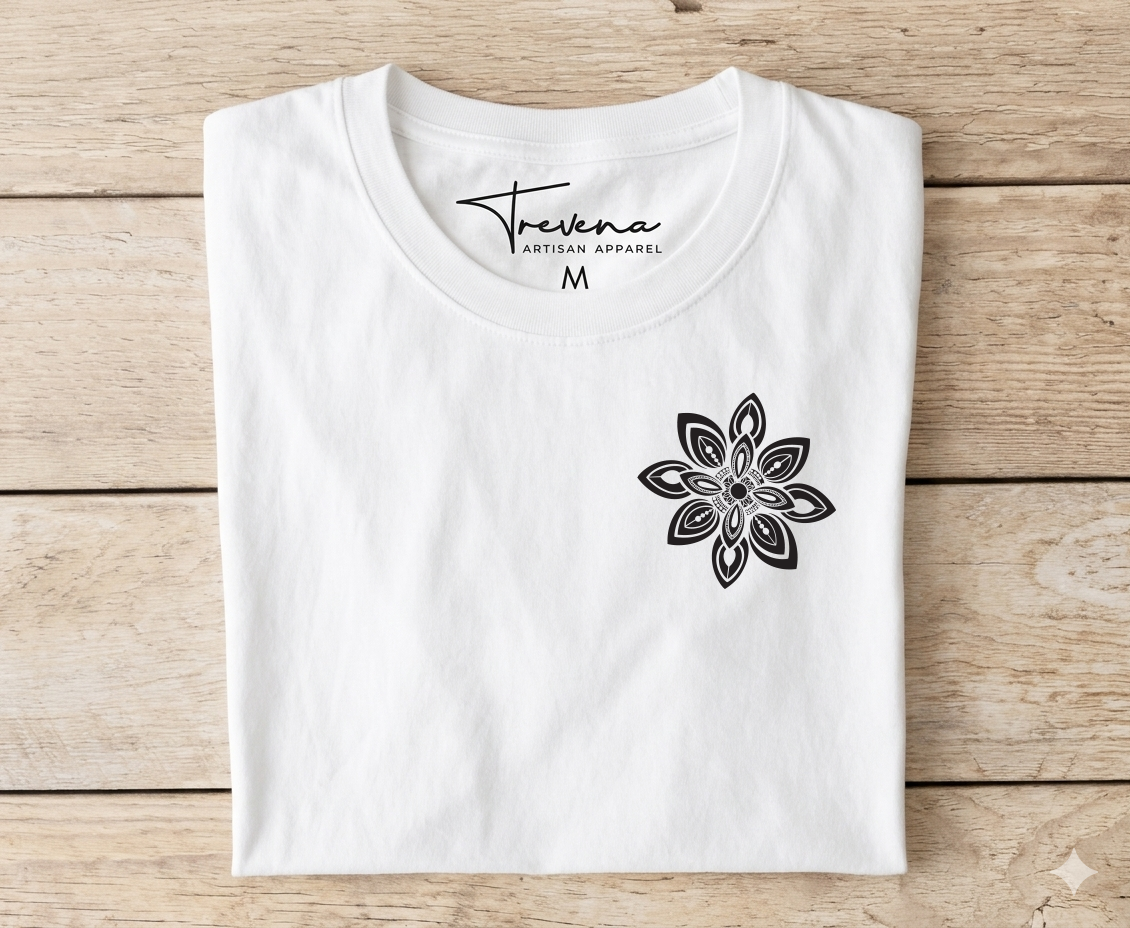 100% Cotton T-Shirt – White Hand Drawn Mandala Graphic