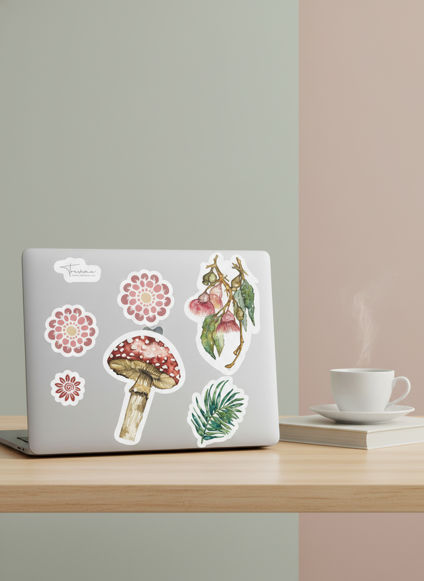 Nature Sticker Sheet-  Woodland Mushorrom and Bottle Brush Watercolour – full view
