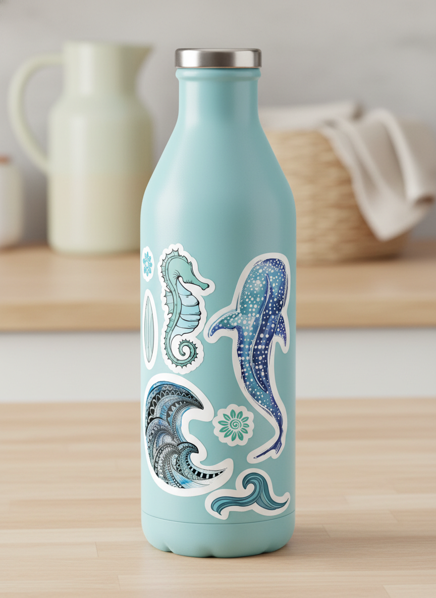 Whale Shark Sticker Sheet – Ocean & Wave Watercolour Illustrations – full view