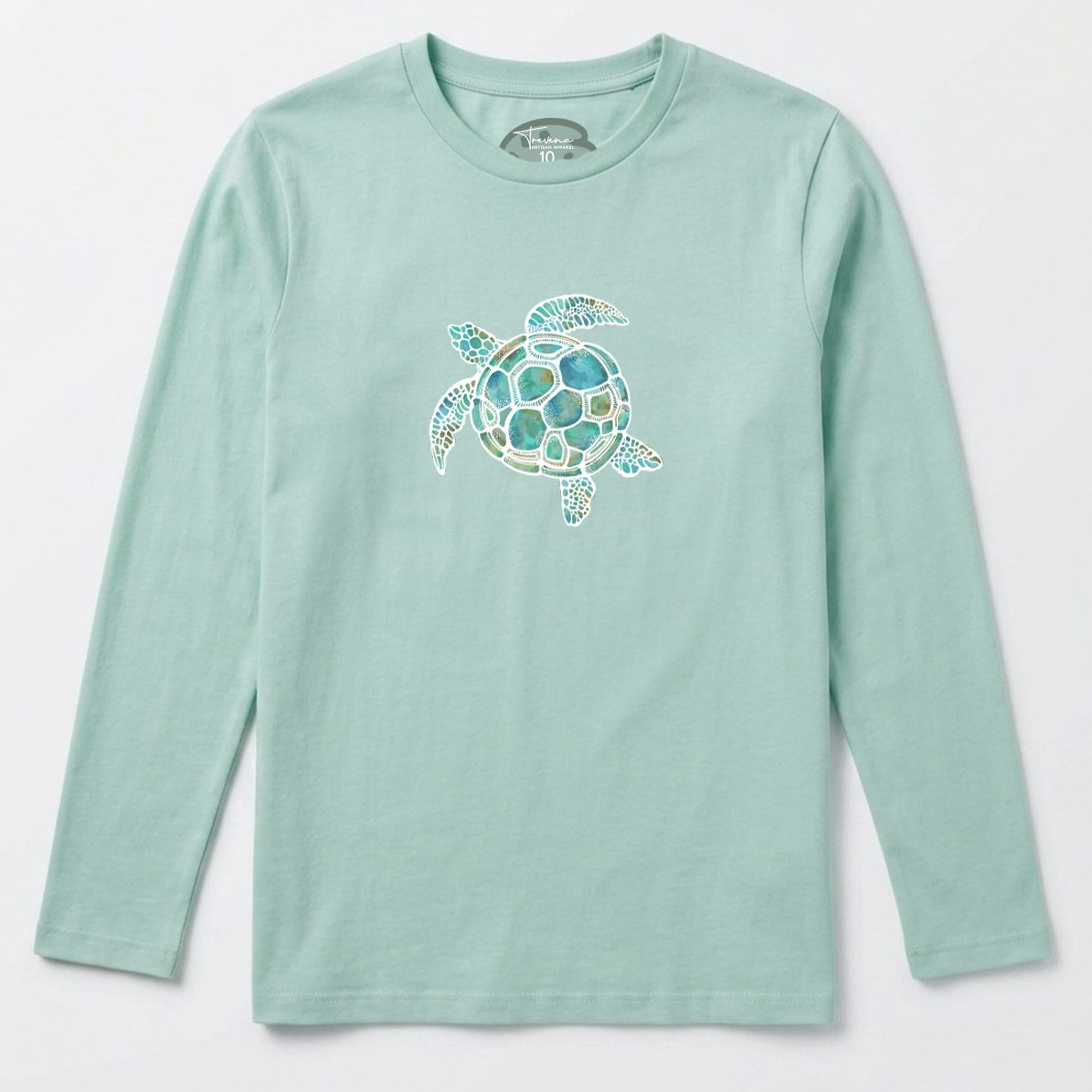 Turtle Green Kids long Sleeve Tshirt – 100% Cotton - Watercolour sea turtle Illustration Graphic tee
