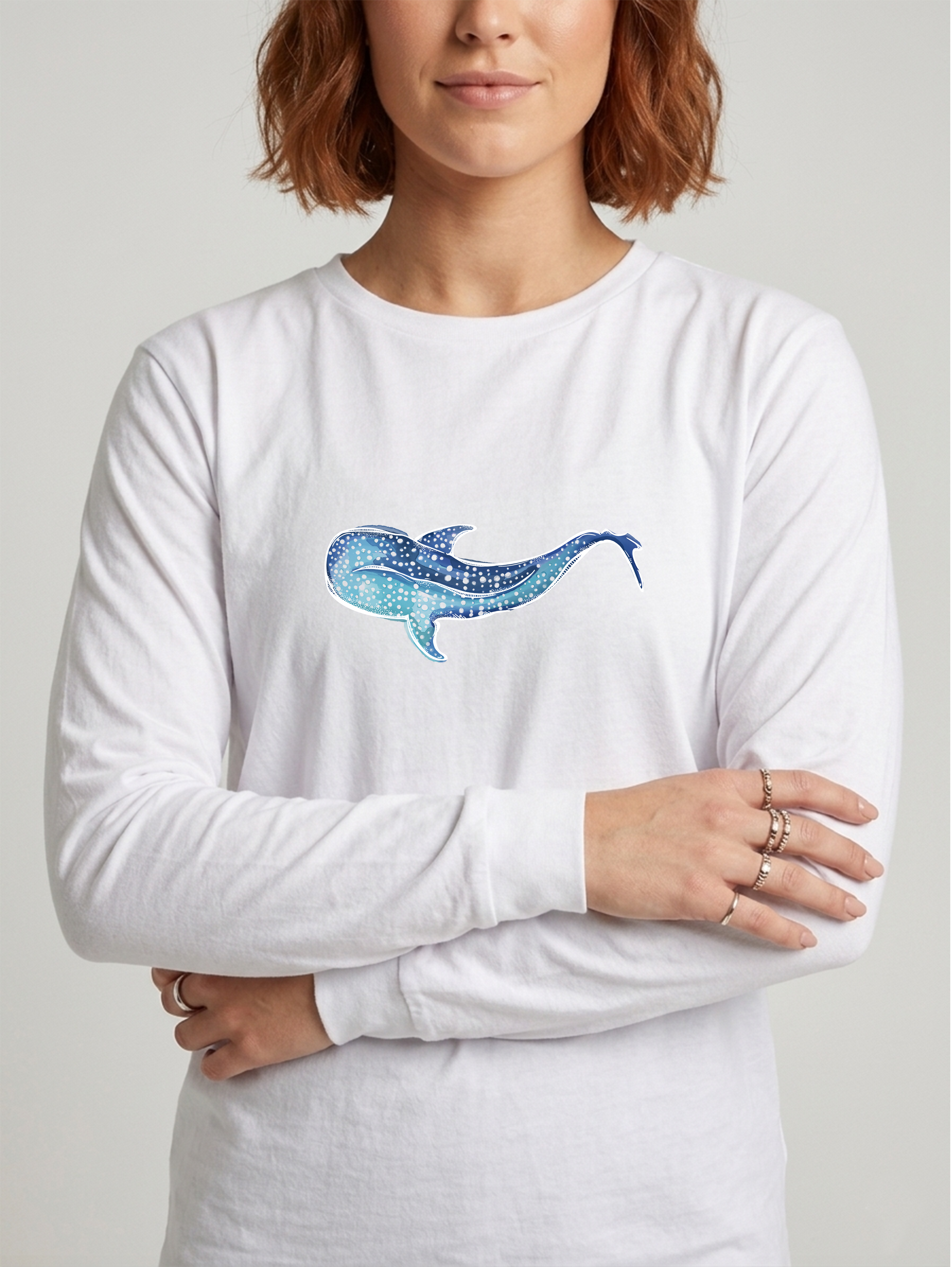 Long White T-Shirt – Whale Shark Hand Drawn Ocean Print 100% Cotton
