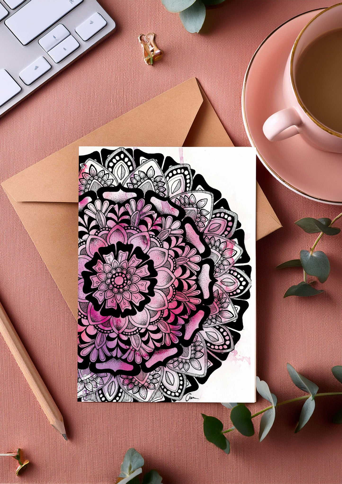 Purple Pink Mandala Greeting Card – Half Moon Watercolour with Geometric Drawing