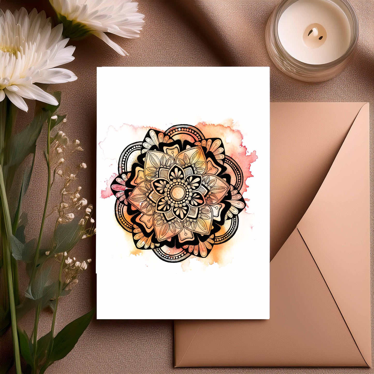 Summer Mandala Greeting Card – Pink and Orage Watercolour with Geometric Ink Drawing