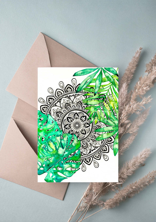 Monstera watercolour with Black and White Mandala Greeting Card