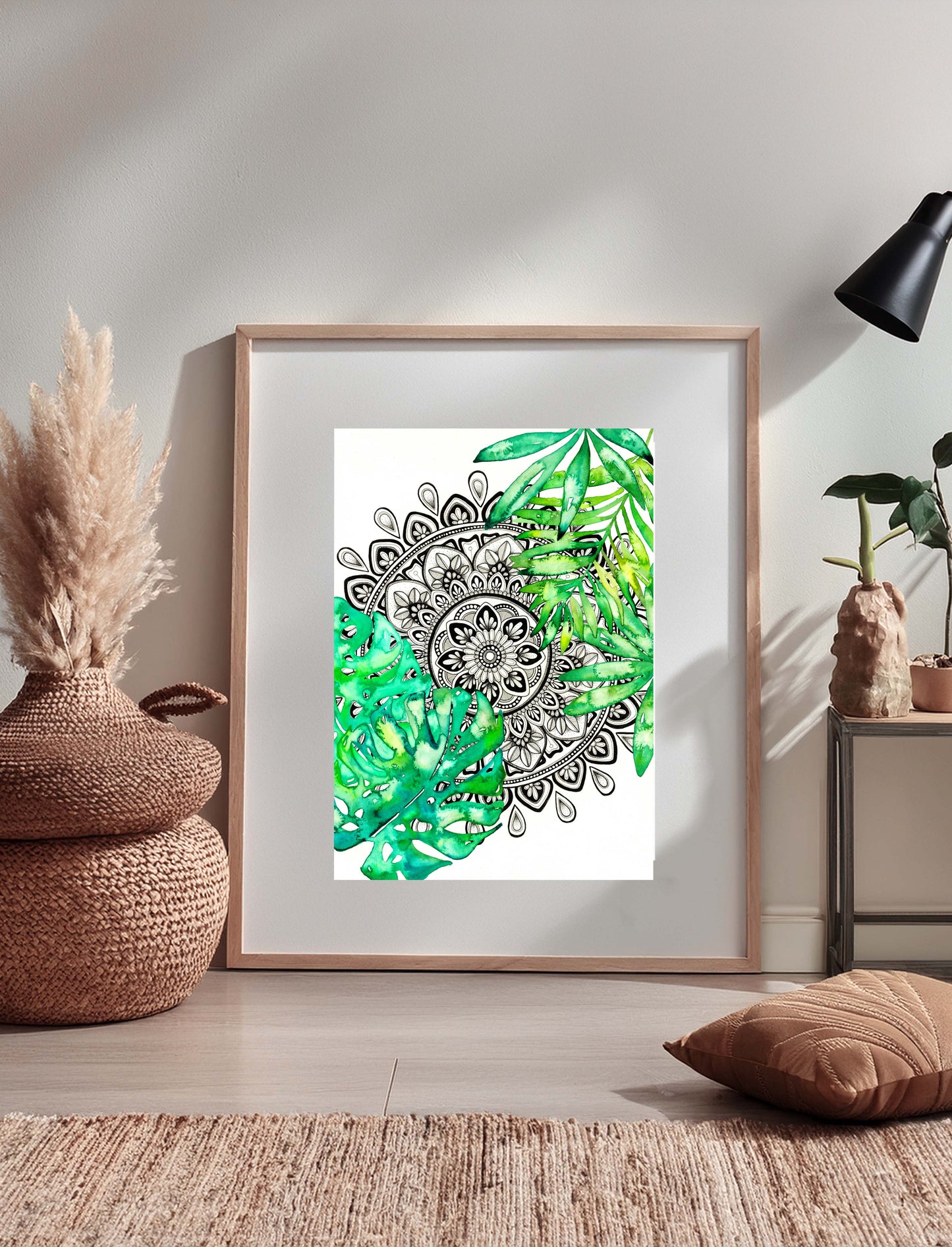 Mandala Art Print –  Black and White Mandala with Monsterra Botanical Watercolour