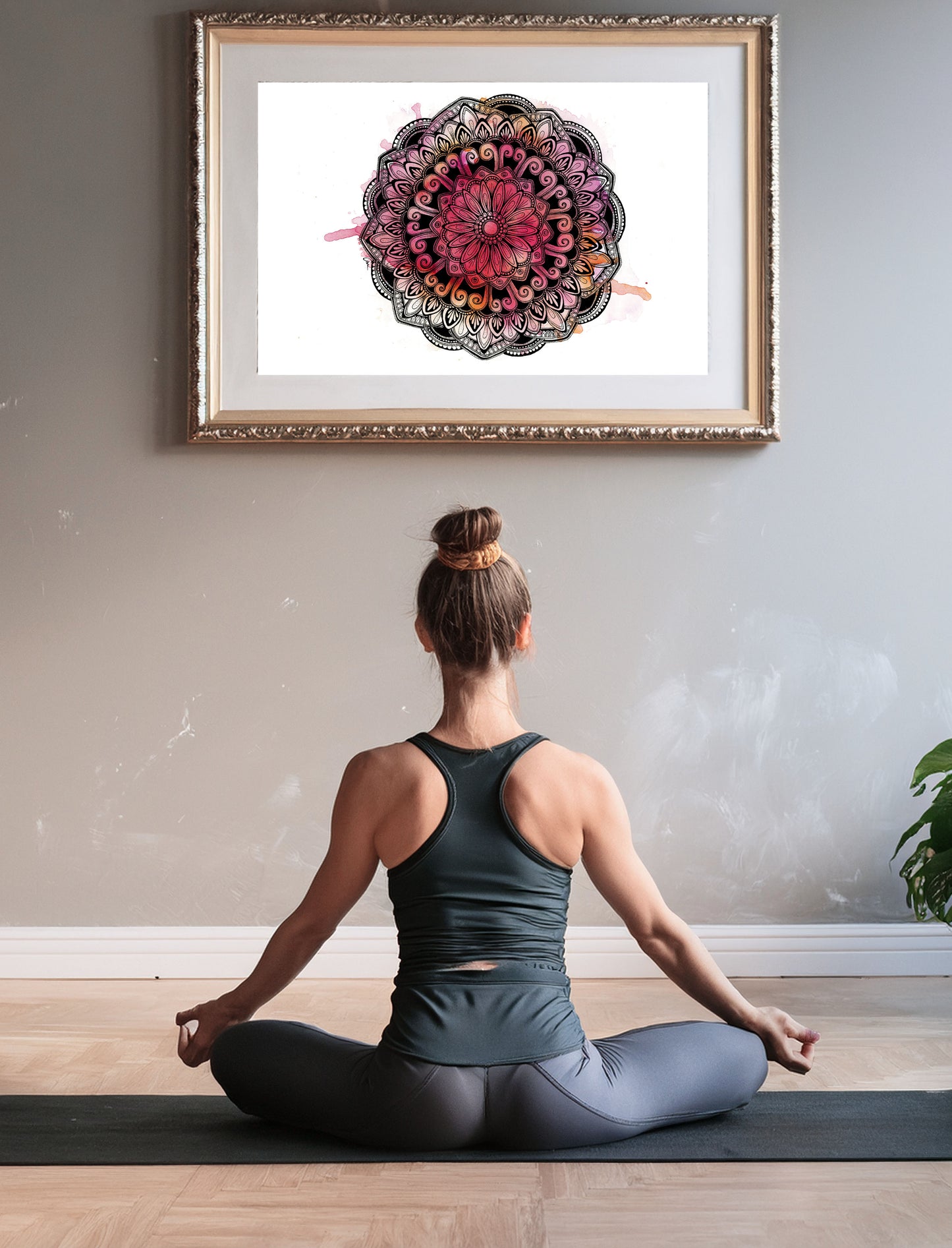 Mandala Art Print –  Ink Drawing with Pink Watercolour Background
