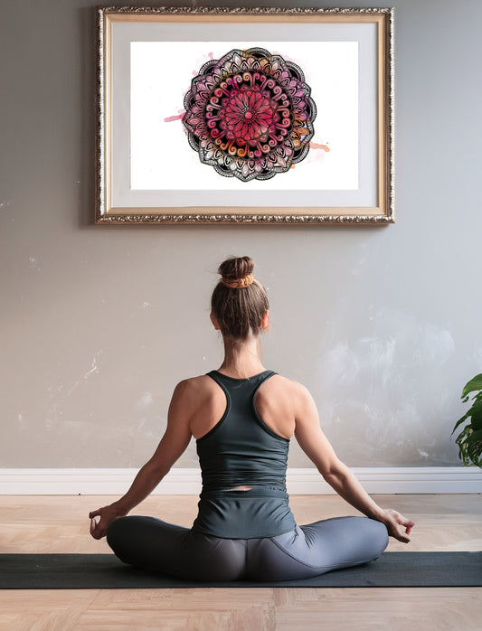 Mandala Art Print –  Ink Drawing with Pink Watercolour Background
