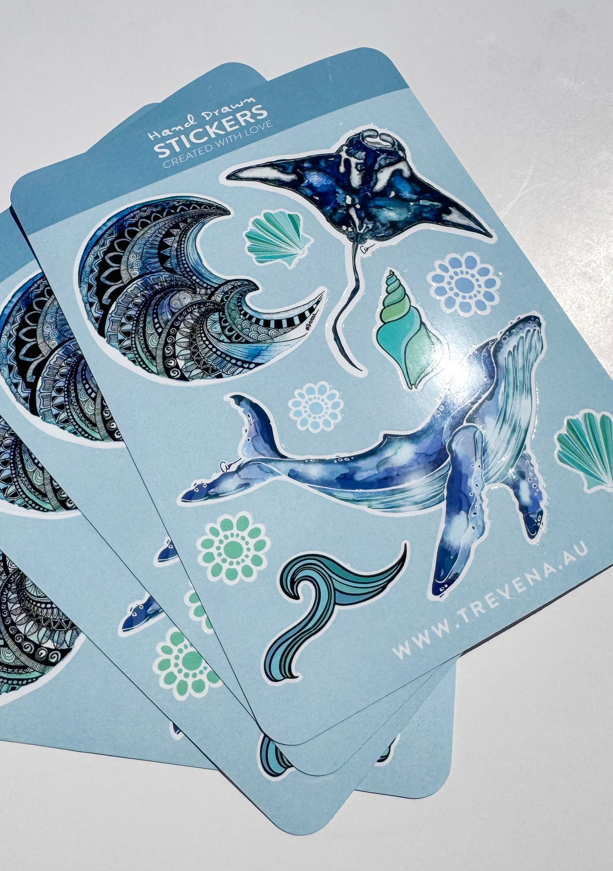Whale Sticker Sheet – Manta Ray & Wave Watercolour Illustrations