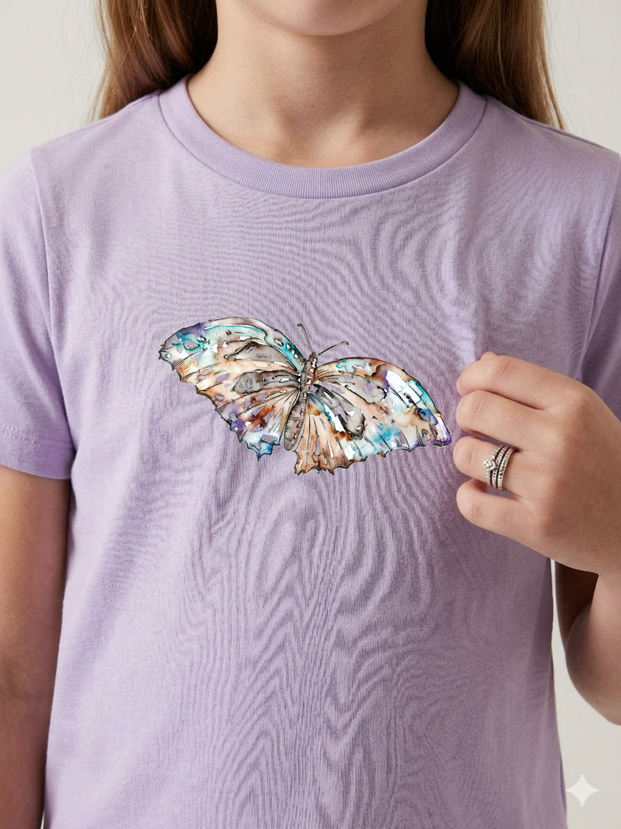 Mauve Butterfly Kids Tee – 100% Cotton - Watercolour Butterlfy Graphic – side view