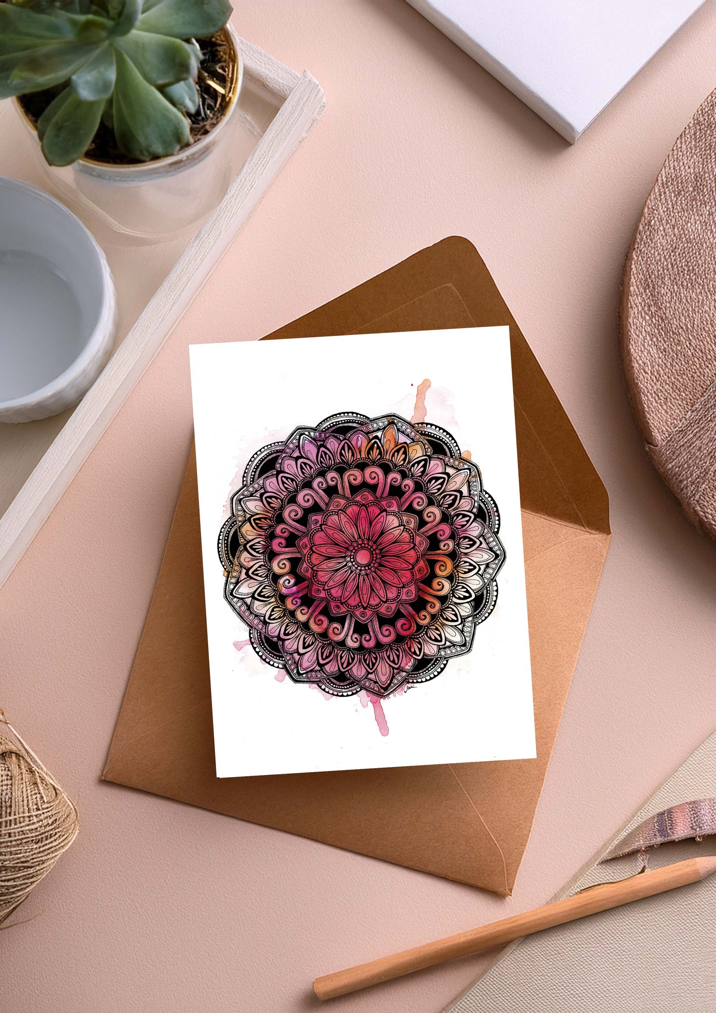 Mandala Greeting Card - Desert red, orange and pink hues Watercolour with Geometric Drawing