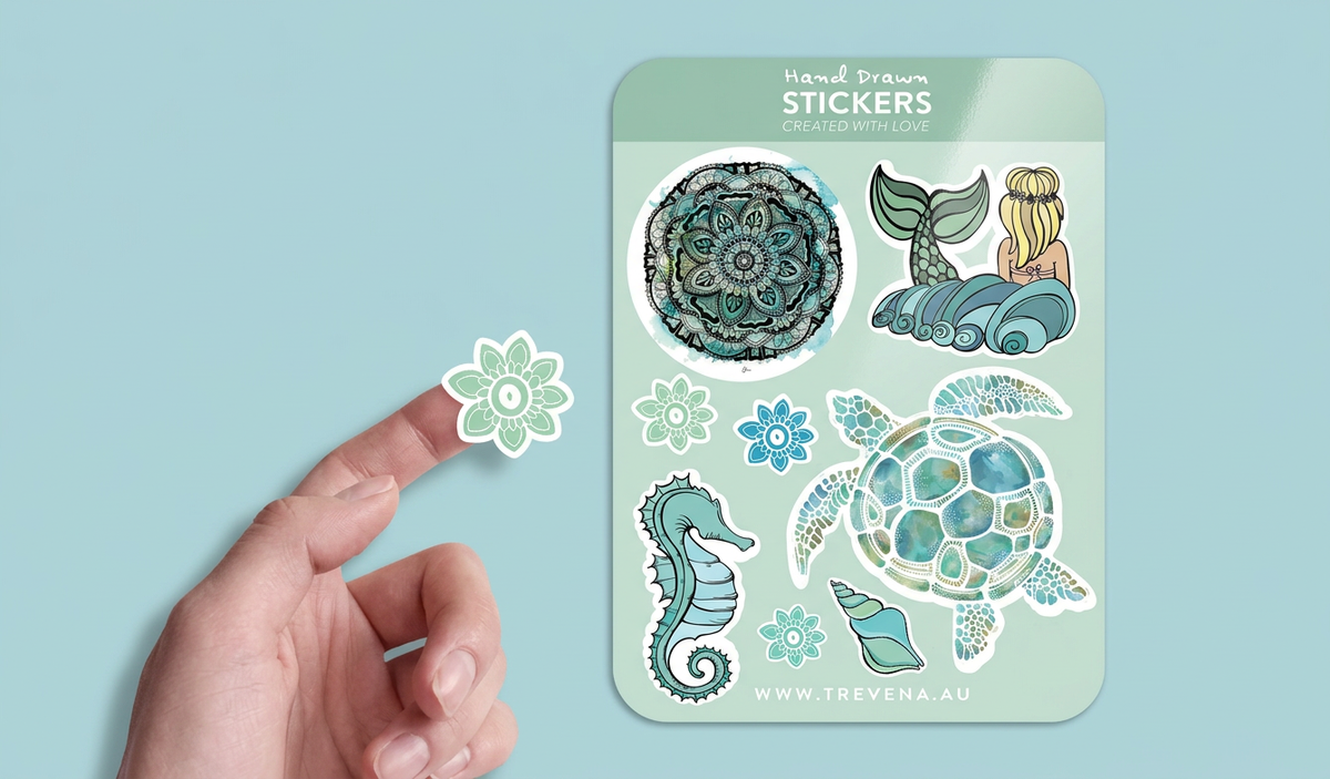 Turtle Sticker Sheet – Ocean & Mermaid Watercolour Illustrations