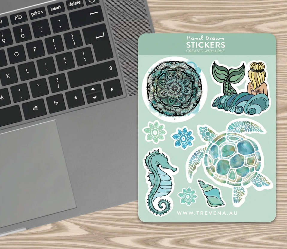Turtle Sticker Sheet – Ocean & Mermaid Watercolour Illustrations