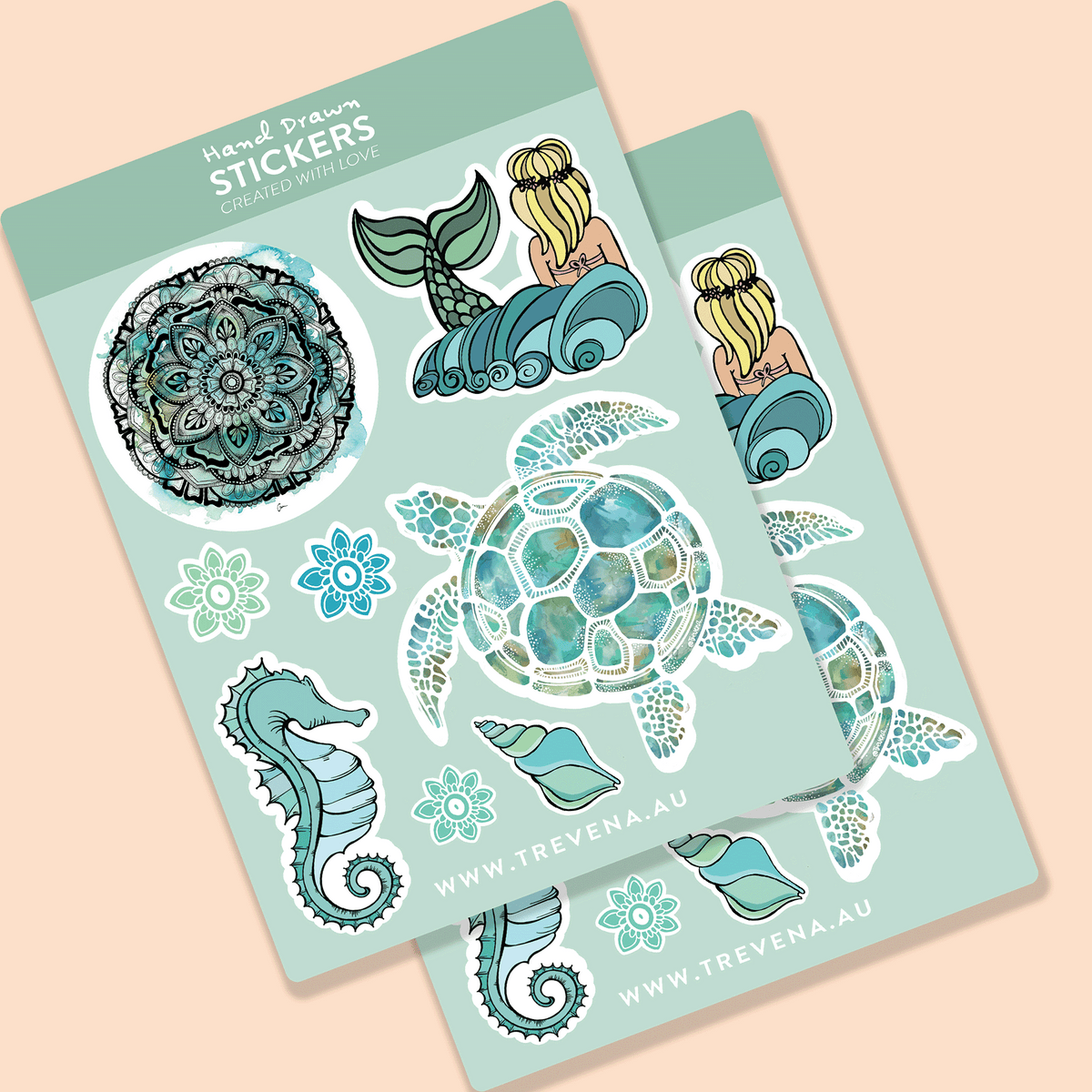 Turtle Sticker Sheet – Ocean & Mermaid Watercolour Illustrations