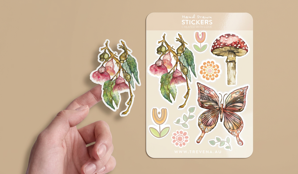 Nature Sticker Sheet – Bottle Brush & Mushroom Watercolour Illustrations