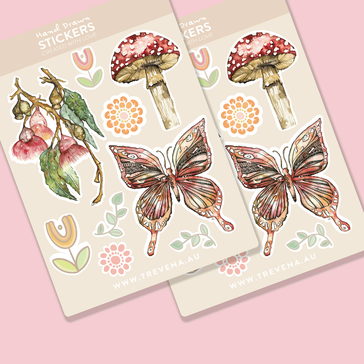 Nature Sticker Sheet – Bottle Brush & Mushroom Watercolour Illustrations