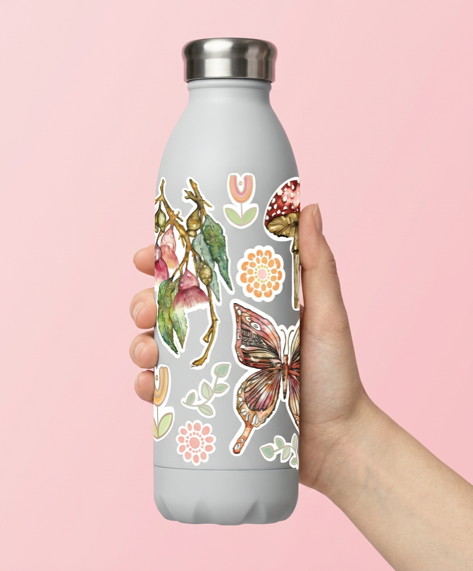 Nature Sticker Sheet – Bottle Brush & Mushroom Watercolour Illustrations