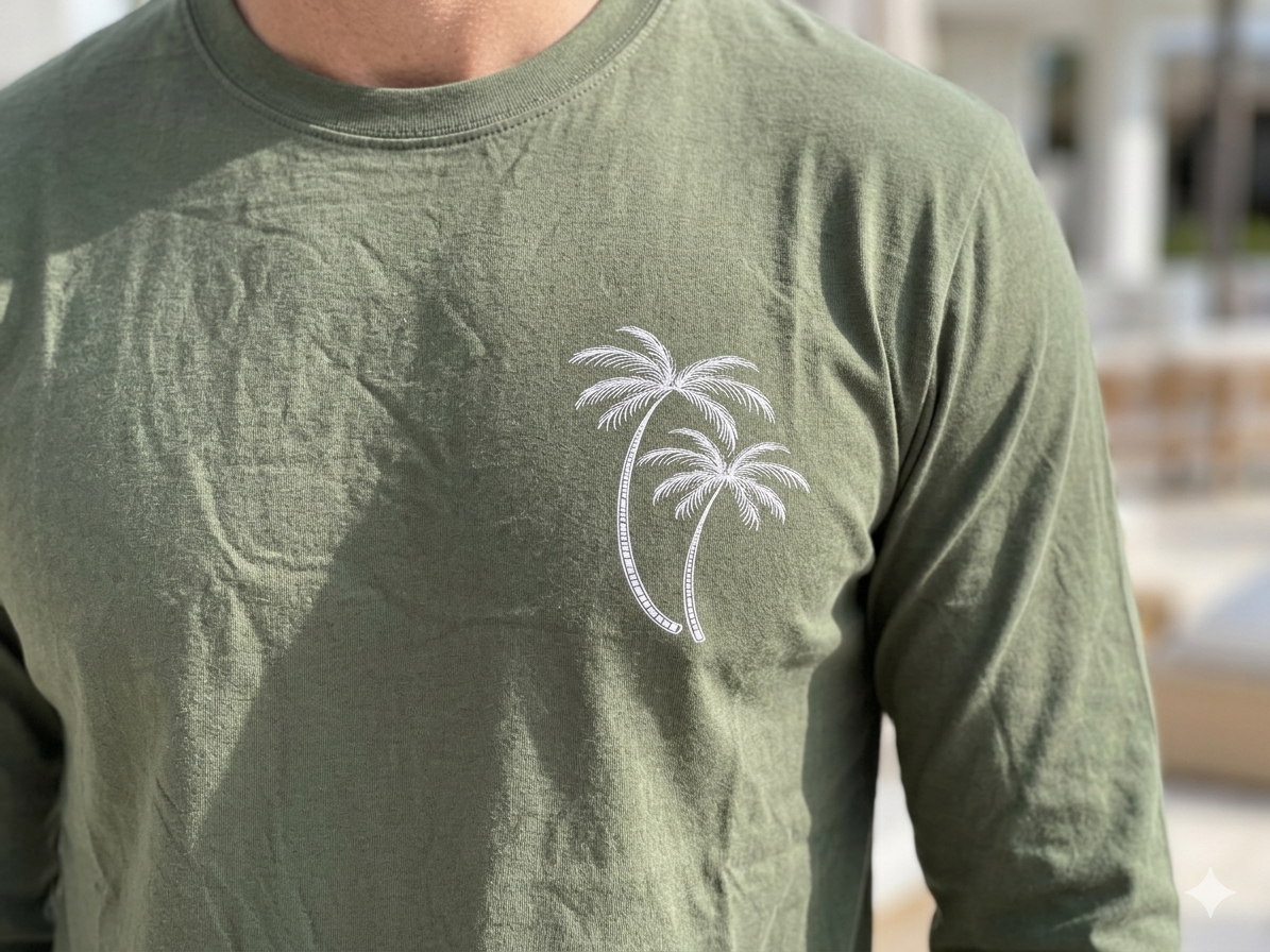 Long T-Shirt – Palm Tree Front Print - Deep Green – side view