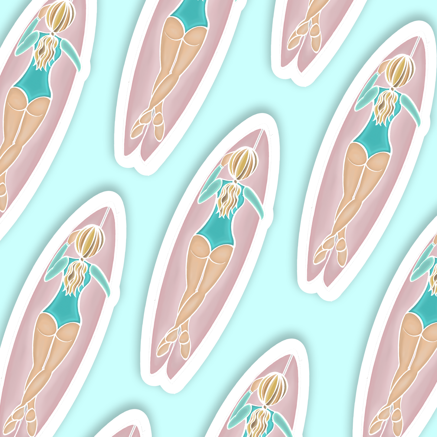 Surfer Girl Paddeling Vinyl Sticker -  Pink Surf Board
