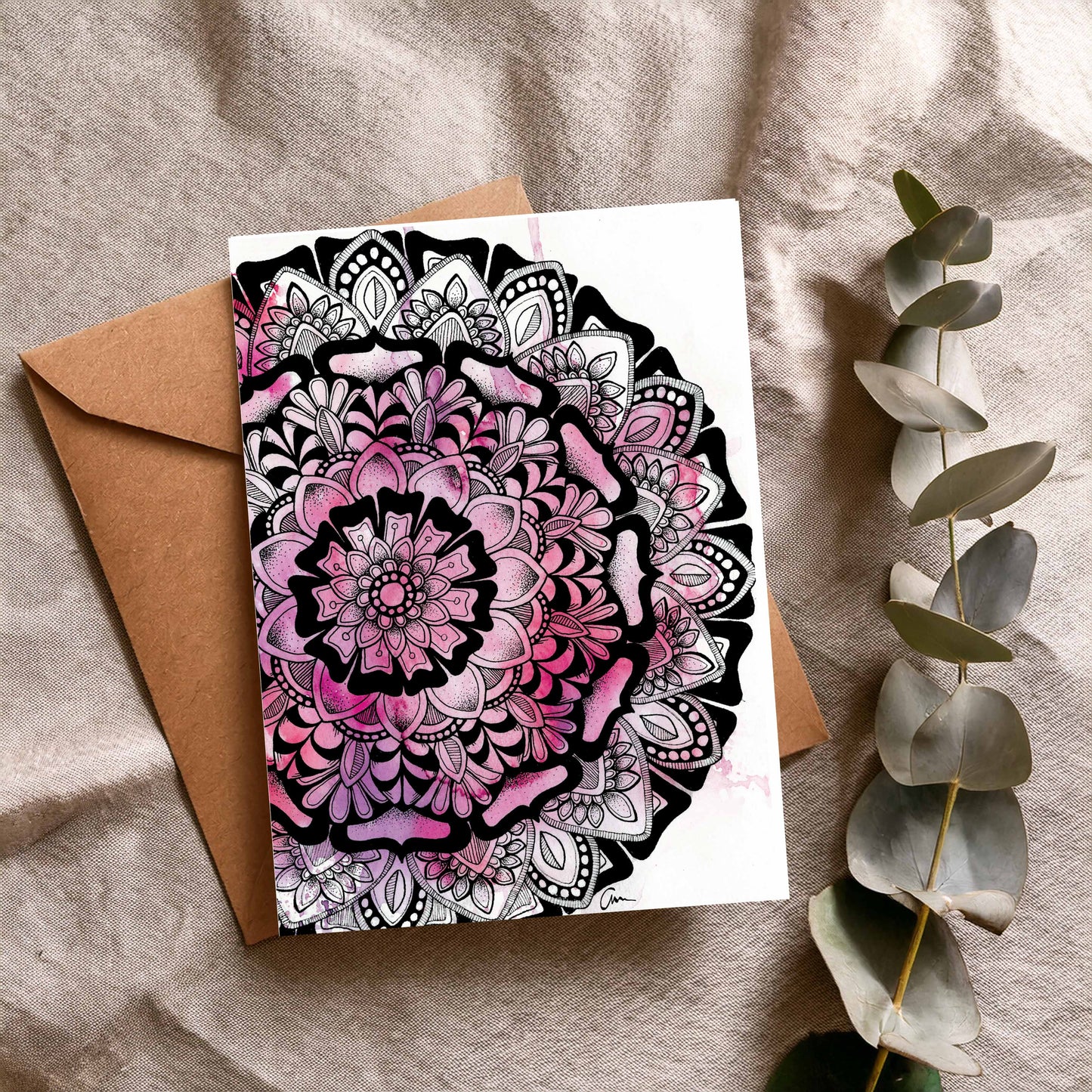 Purple Pink Mandala Greeting Card – Half Moon Watercolour with Geometric Drawing