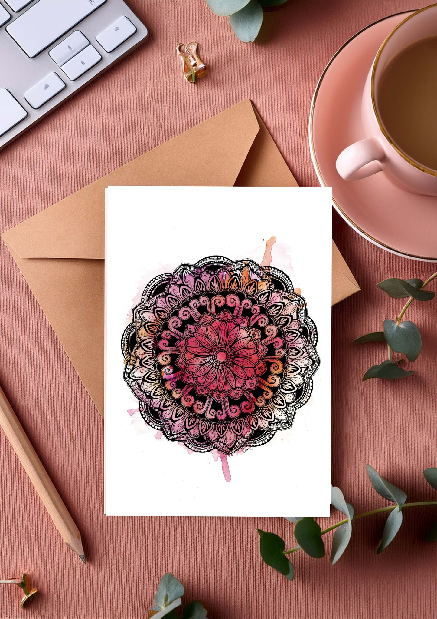 Mandala Greeting Card - Desert red, orange and pink hues Watercolour with Geometric Drawing