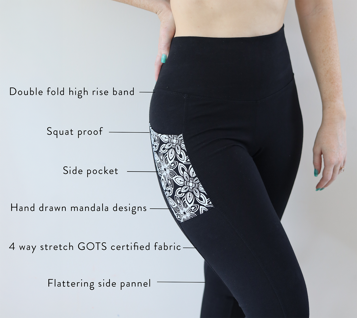 Organic Cotton Leggings with Pocket – Black Mandala Print