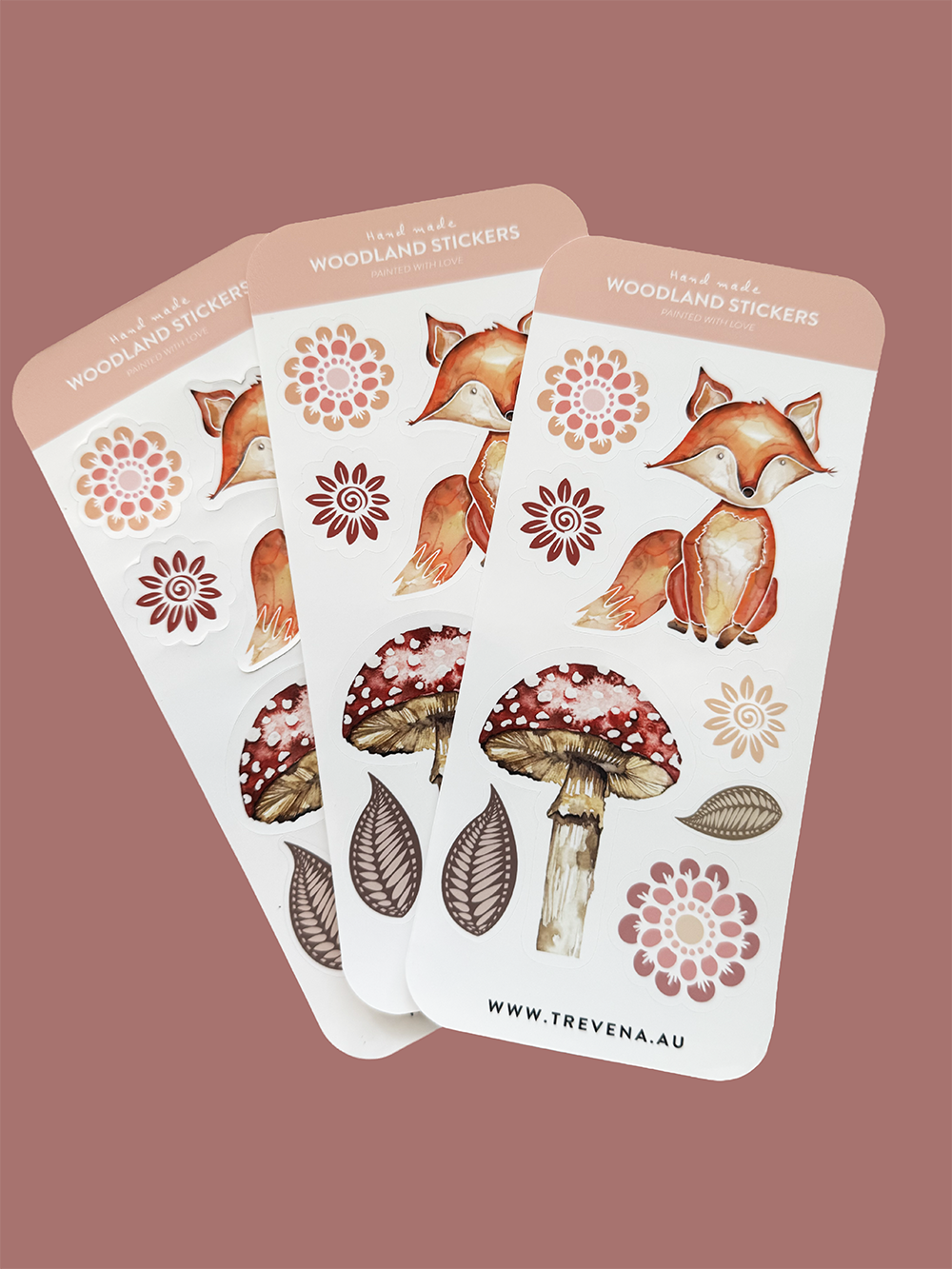 Nature Sticker Sheet-  Woodland Mushorrom and Fox Illustration Watercolour – close up detail