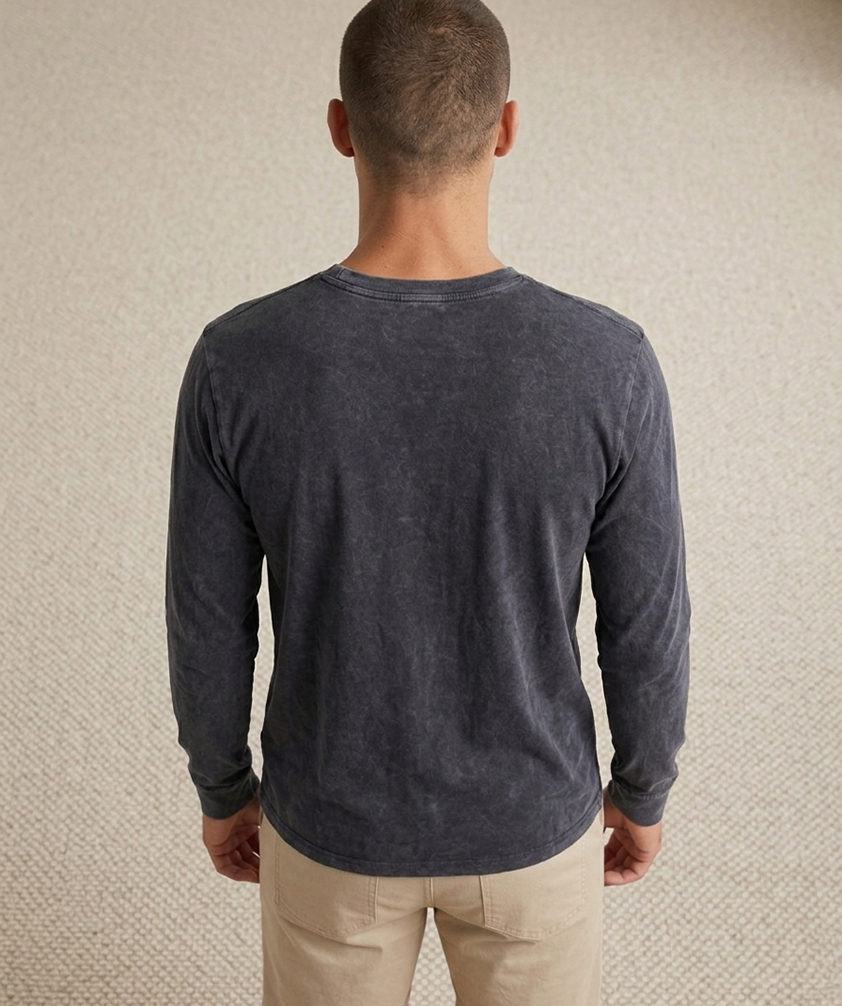 Long T-Shirt – Wave Front Print - Stone Wash Black – back view