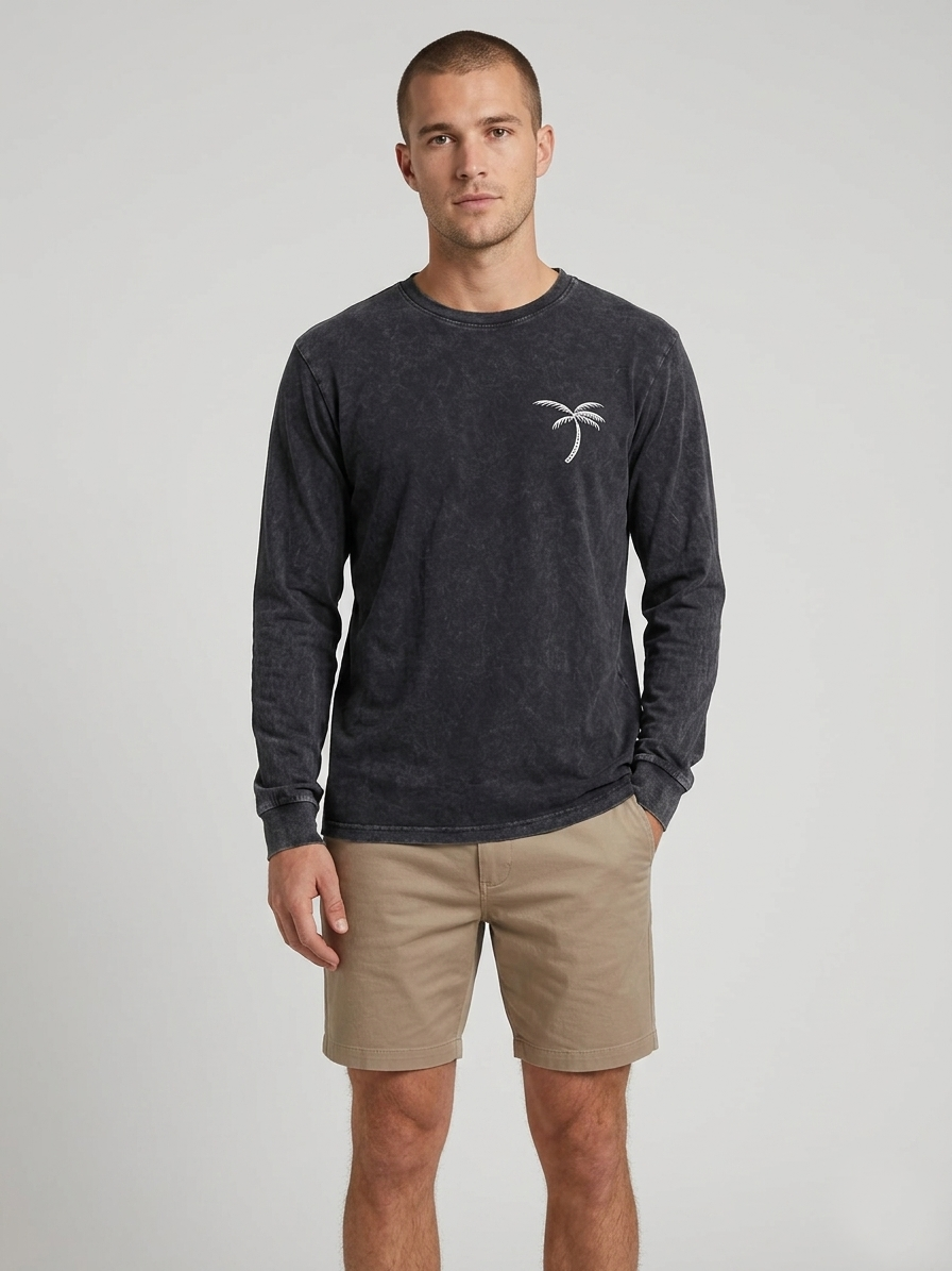 Long T-Shirt – Palm Tree Front logo Print - Stone Wash Black – front view