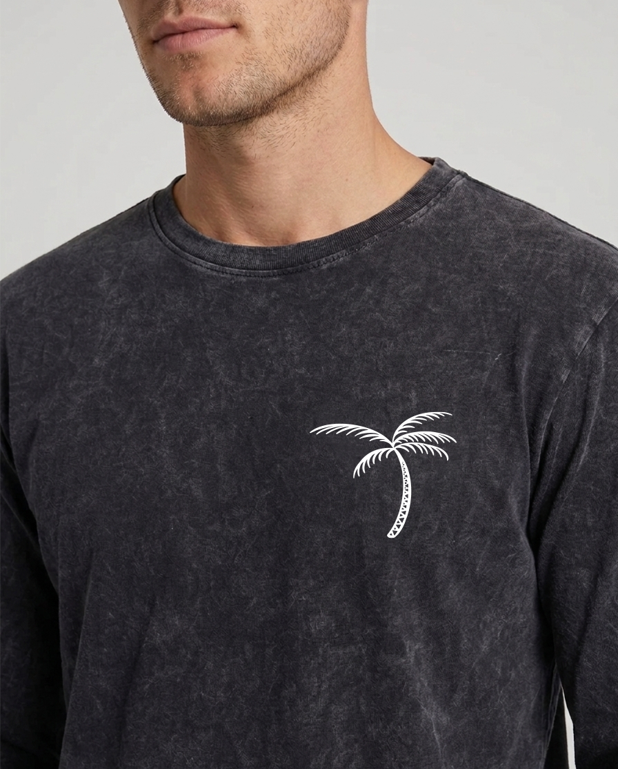 Long T-Shirt – Palm Tree Front logo Print - Stone Wash Black