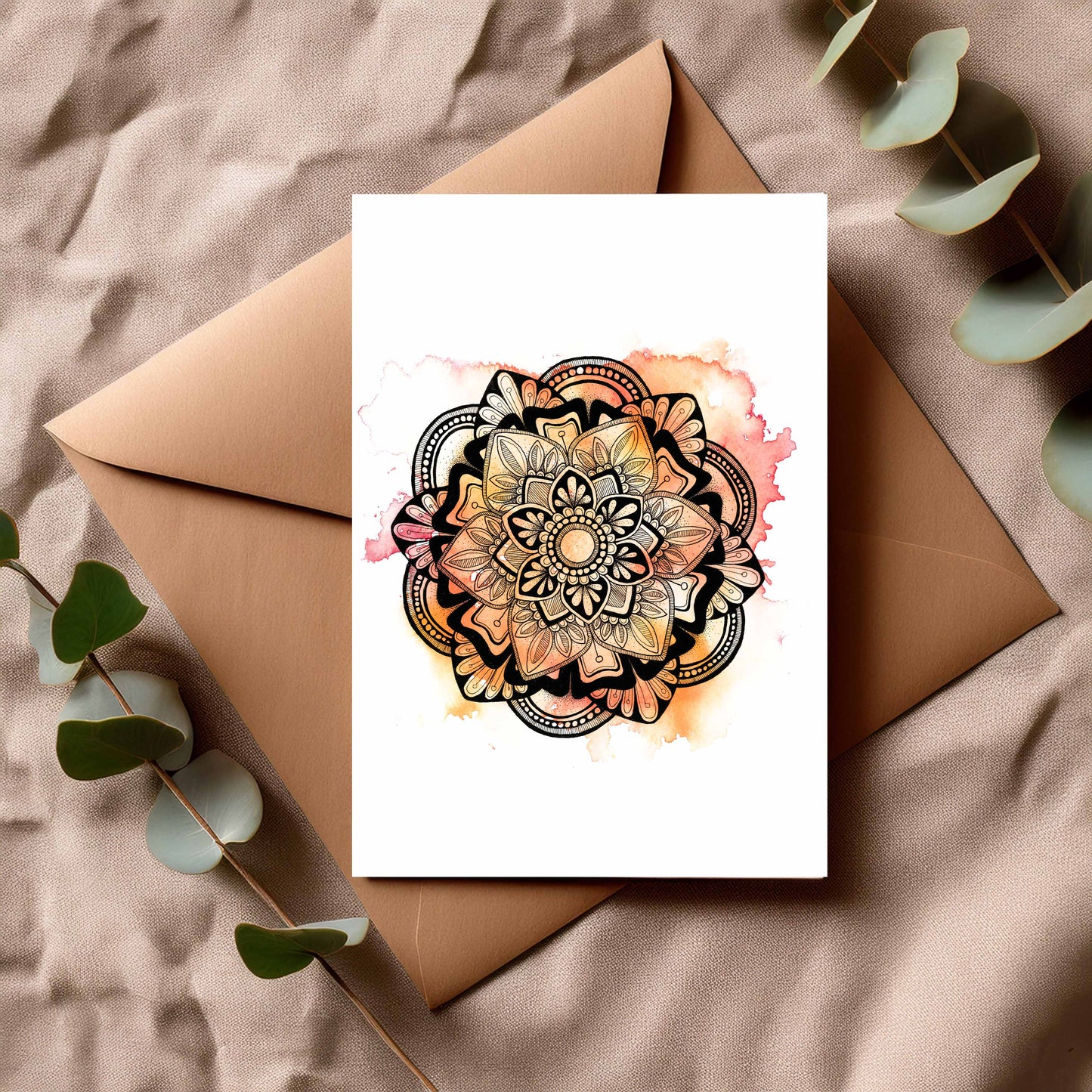Summer Mandala Greeting Card – Pink and Orage Watercolour with Geometric Ink Drawing