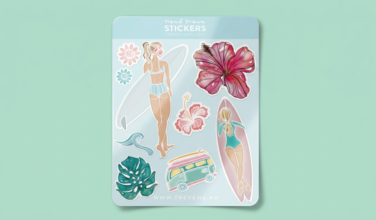Surfer Girl Sheet –Hibiscus & Kombi Watercolour Illustrations