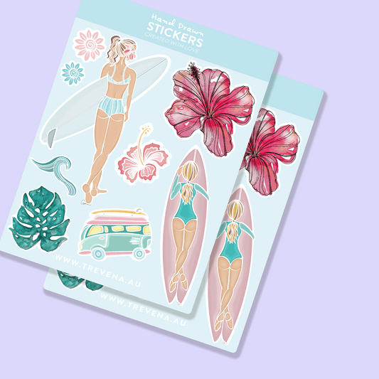 Surfer Girl Sheet –Hibiscus & Kombi Watercolour Illustrations