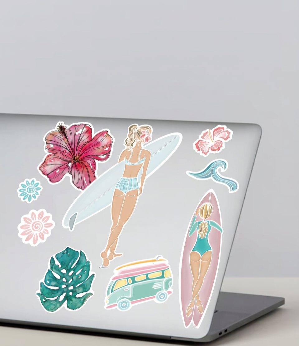 Surfer Girl Sheet –Hibiscus & Kombi Watercolour Illustrations