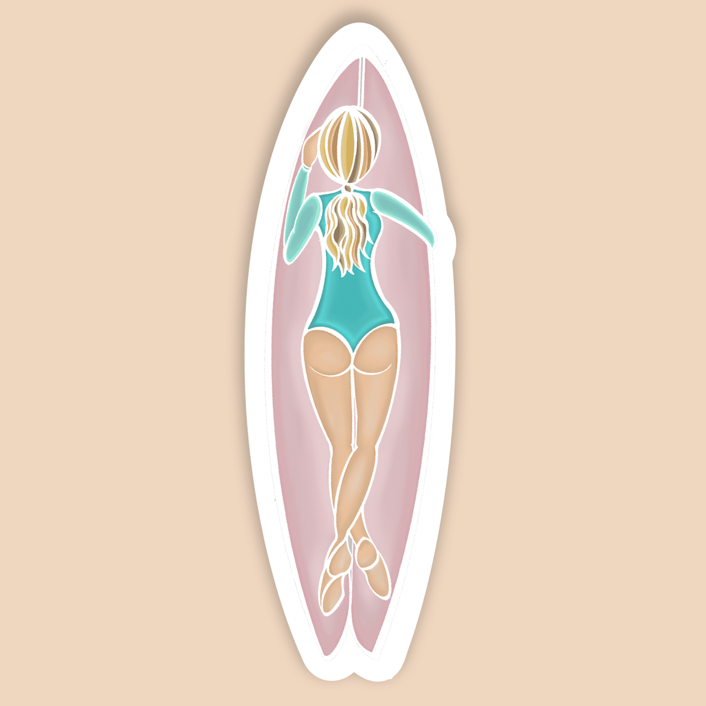 Surfer Girl Paddeling Vinyl Sticker -  Pink Surf Board