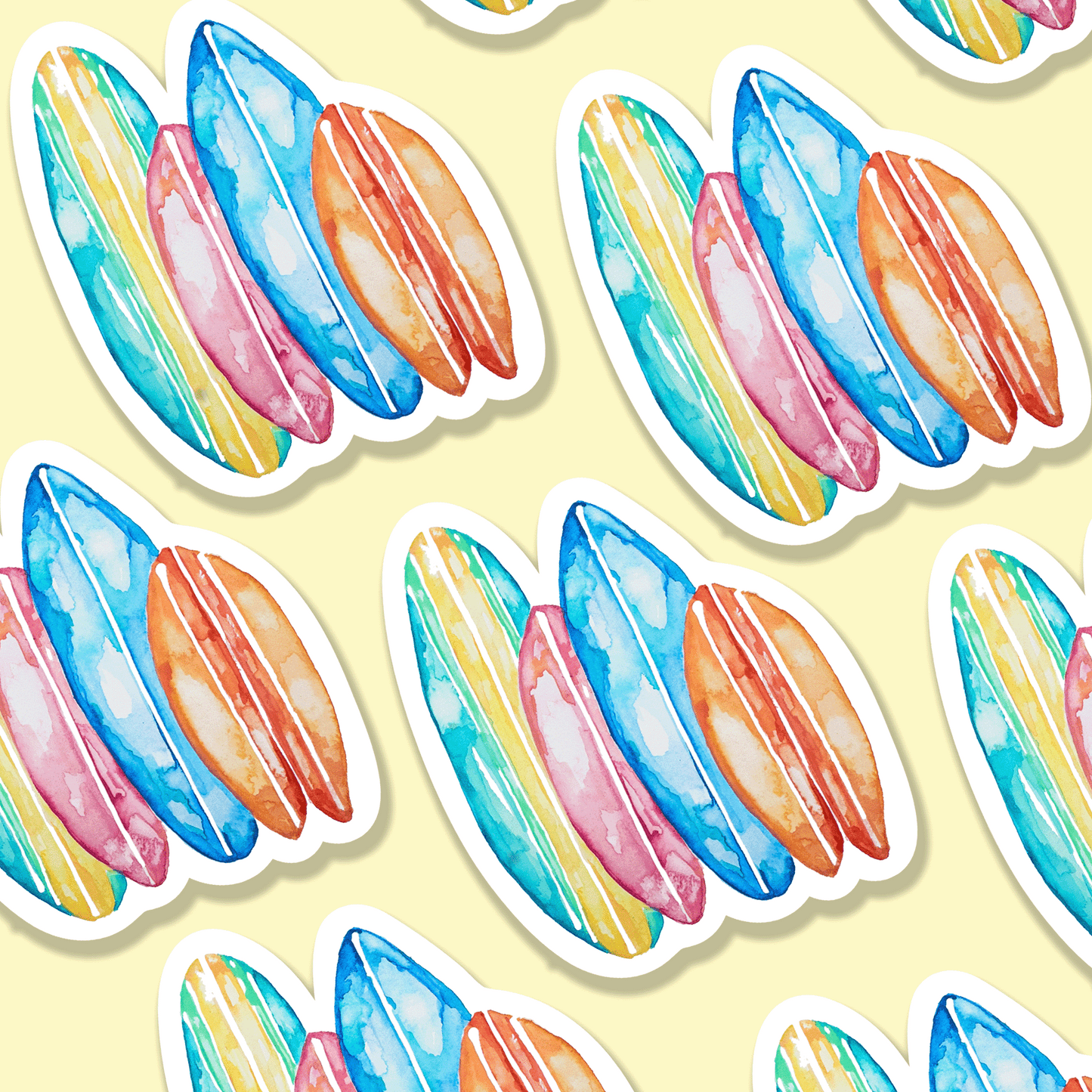 Surf Boards Colourful Watercolour Vinyl Sticker – close up detail
