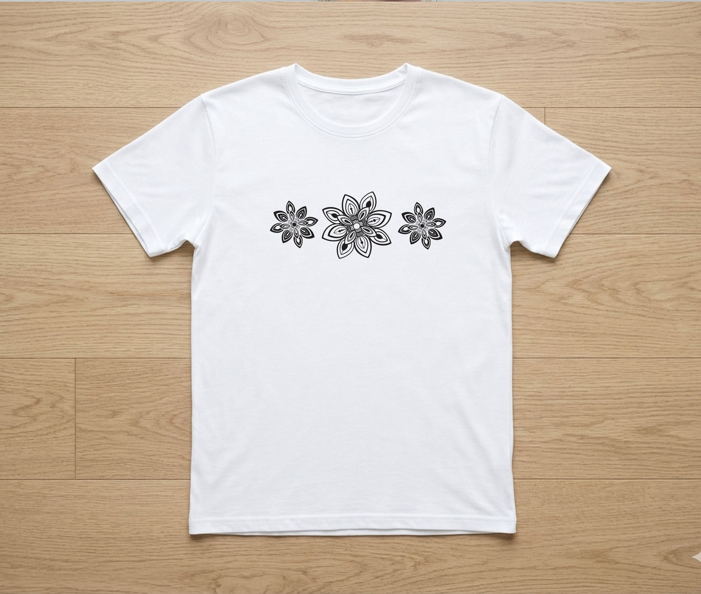 100% Cotton T-Shirt – White Hand Drawn Mandala Graphic