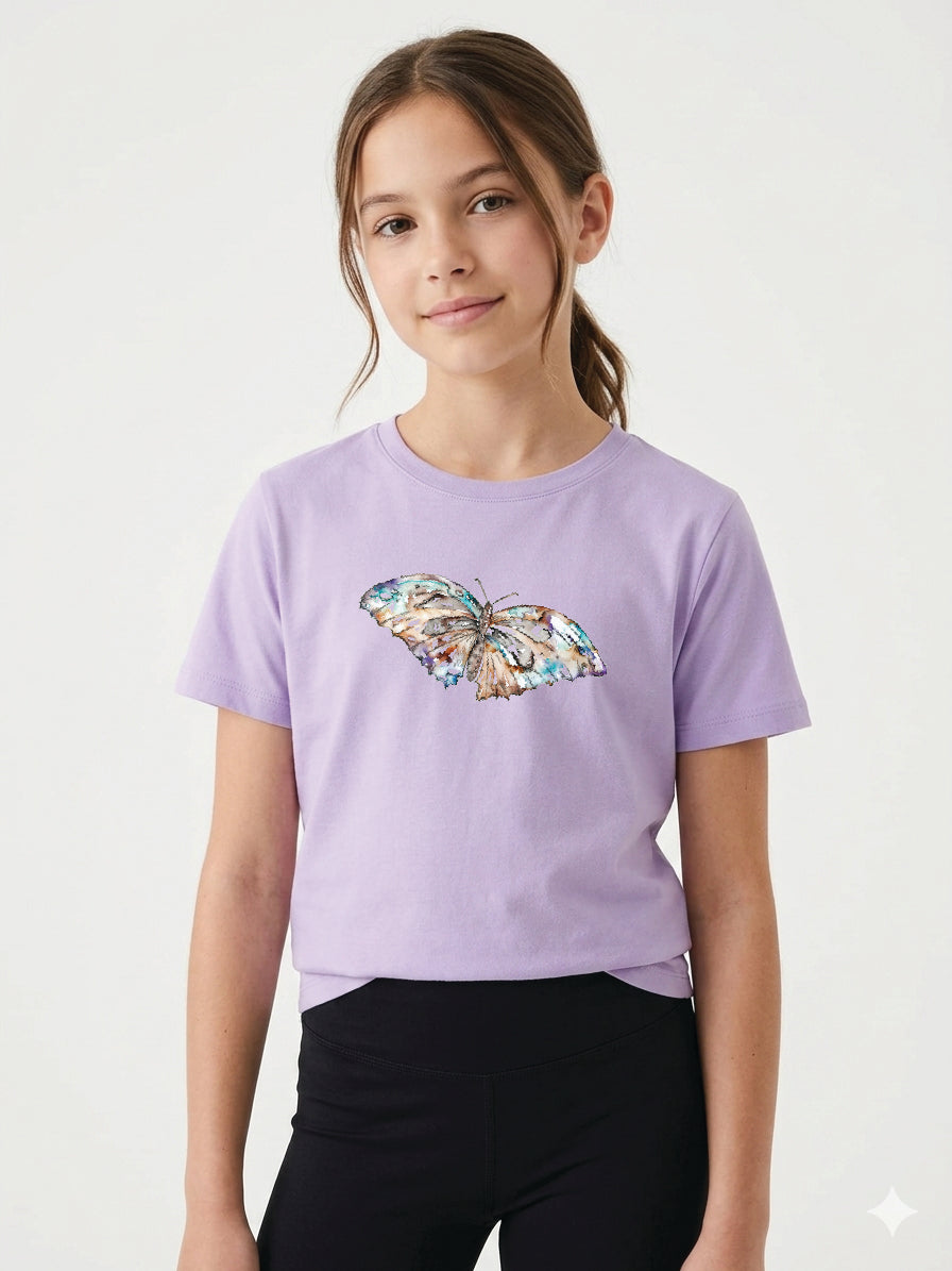Mauve Butterfly Kids Tee – 100% Cotton - Watercolour Butterlfy Graphic – front view