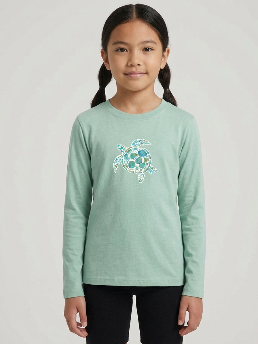 Turtle Green Kids long Sleeve Tshirt – 100% Cotton - Watercolour sea turtle Illustration Graphic tee