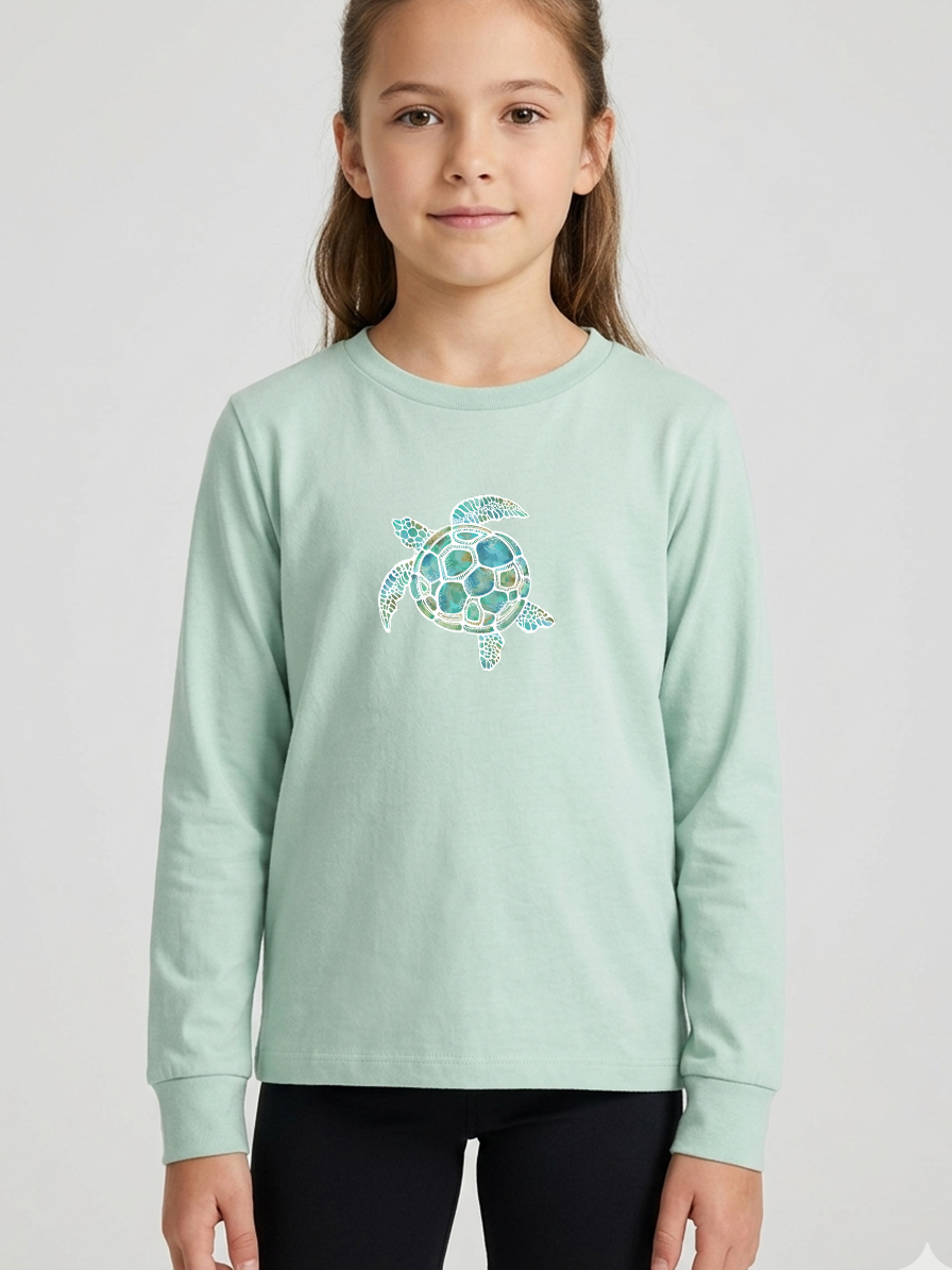 Turtle Green Kids long Sleeve Tshirt – 100% Cotton - Watercolour sea turtle Illustration Graphic tee