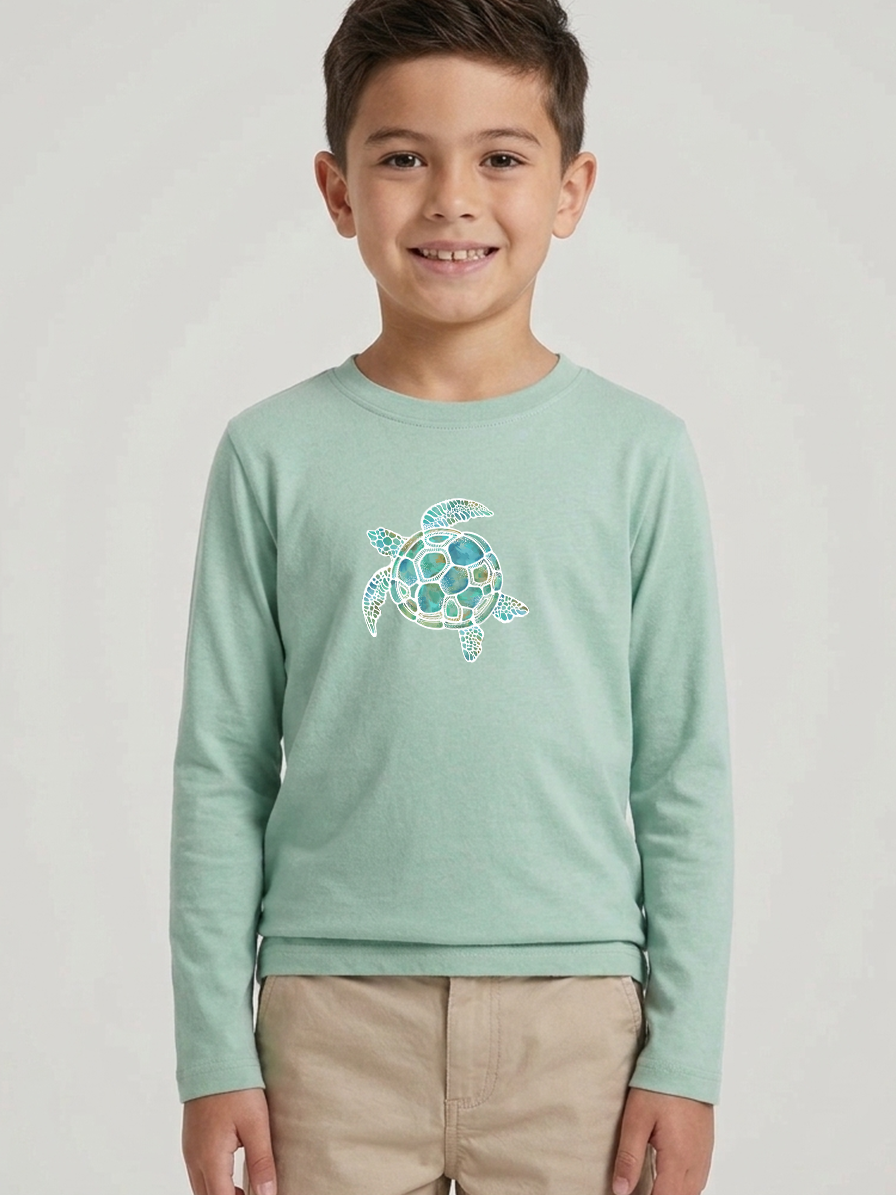 Turtle Green Kids long Sleeve Tshirt – 100% Cotton - Watercolour sea turtle Illustration Graphic tee