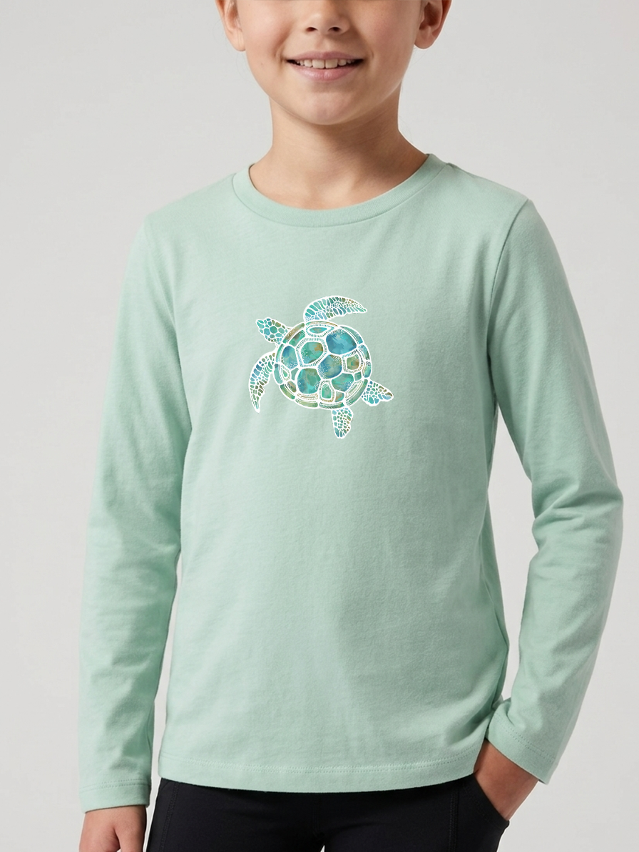 Turtle Green Kids long Sleeve Tshirt – 100% Cotton - Watercolour sea turtle Illustration Graphic tee